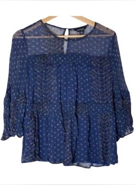 Lucky Brand Blue Printed Bohemian 3/4 Sleeve Tiered Peasant Top size Large